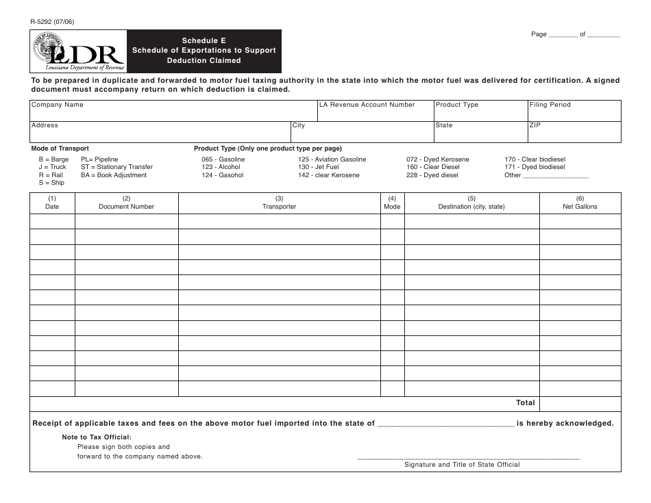 Form R-5292 Schedule E Schedule of Exportations to Support Deduction Claimed - Louisiana, Page 1