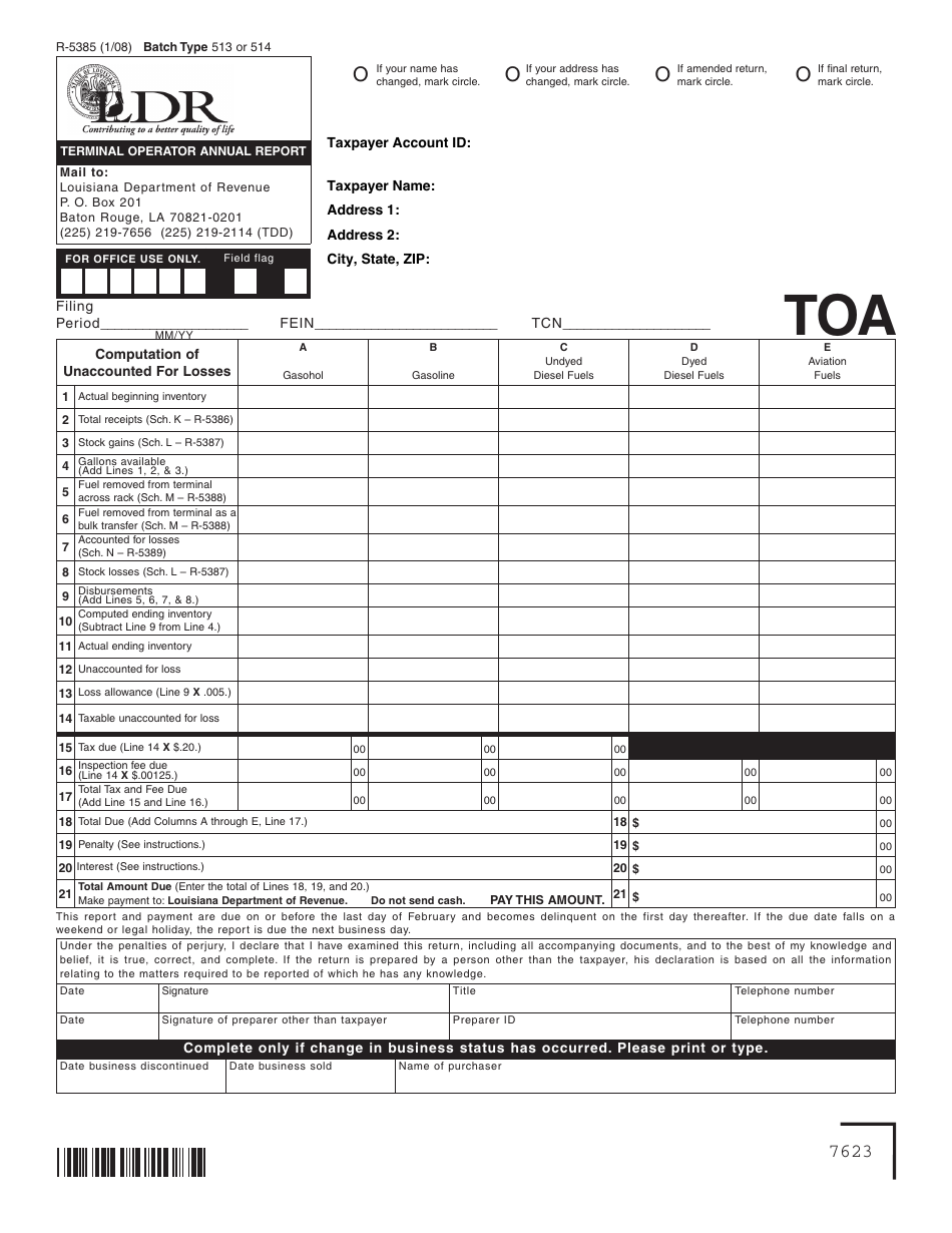 Form R-5385 Terminal Operator Annual Report - Louisiana, Page 1