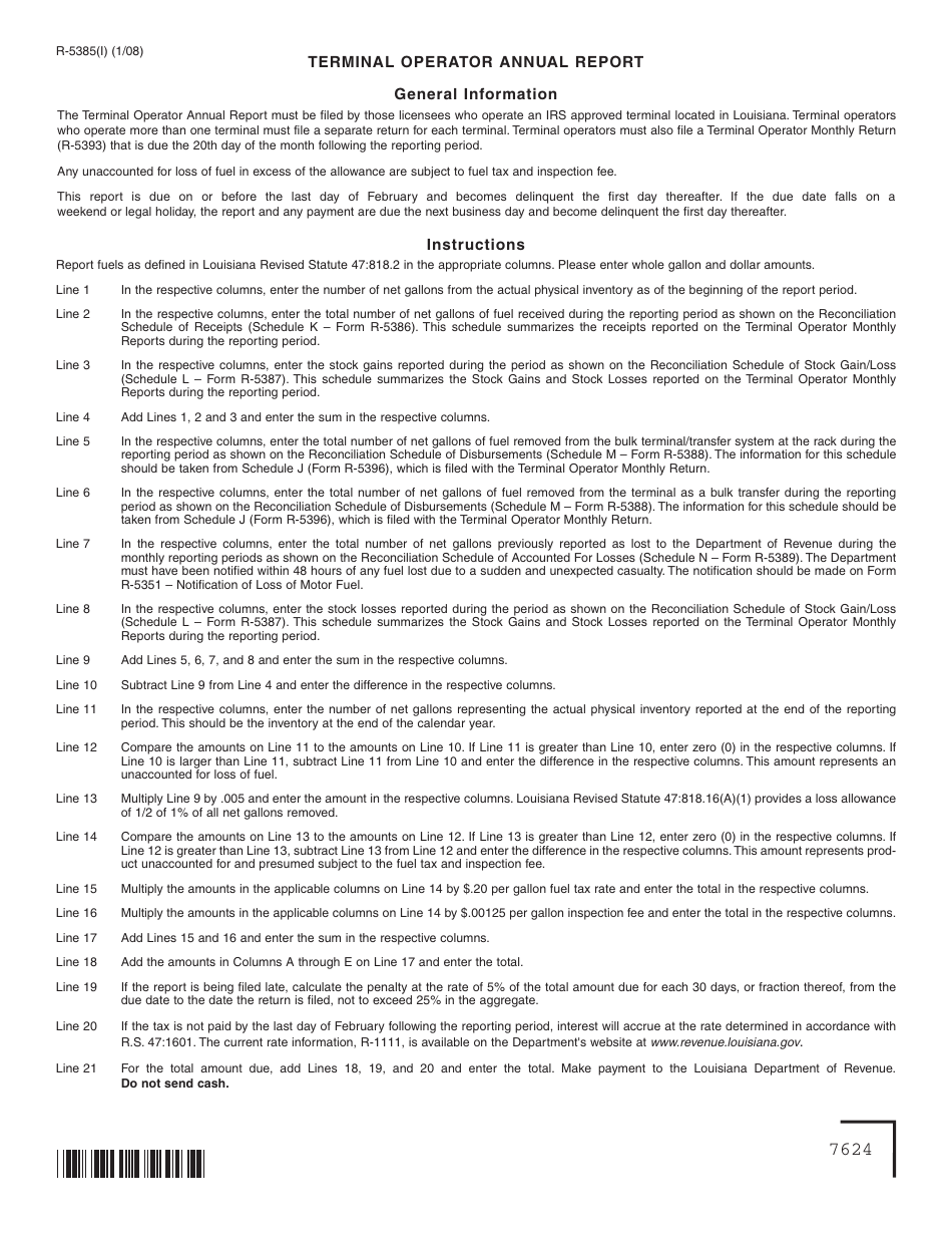 Download Instructions for Form R5385 Terminal Operator Annual Report