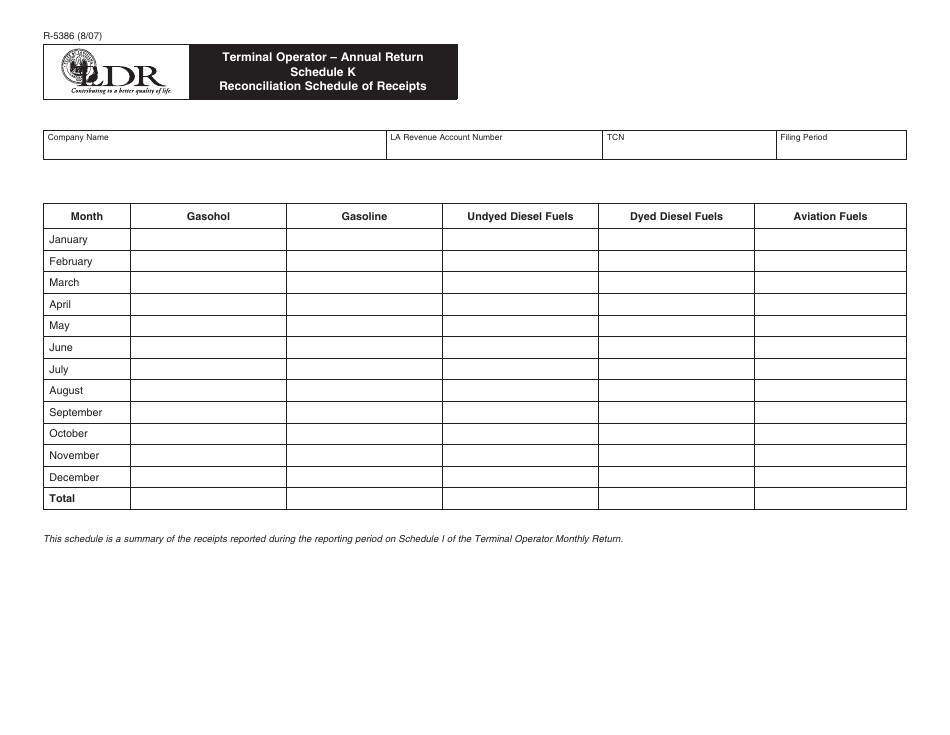 Form R-5386 Terminal Operator - Annual Return Schedule K - Reconciliation Schedule of Receipts - Louisiana, Page 1