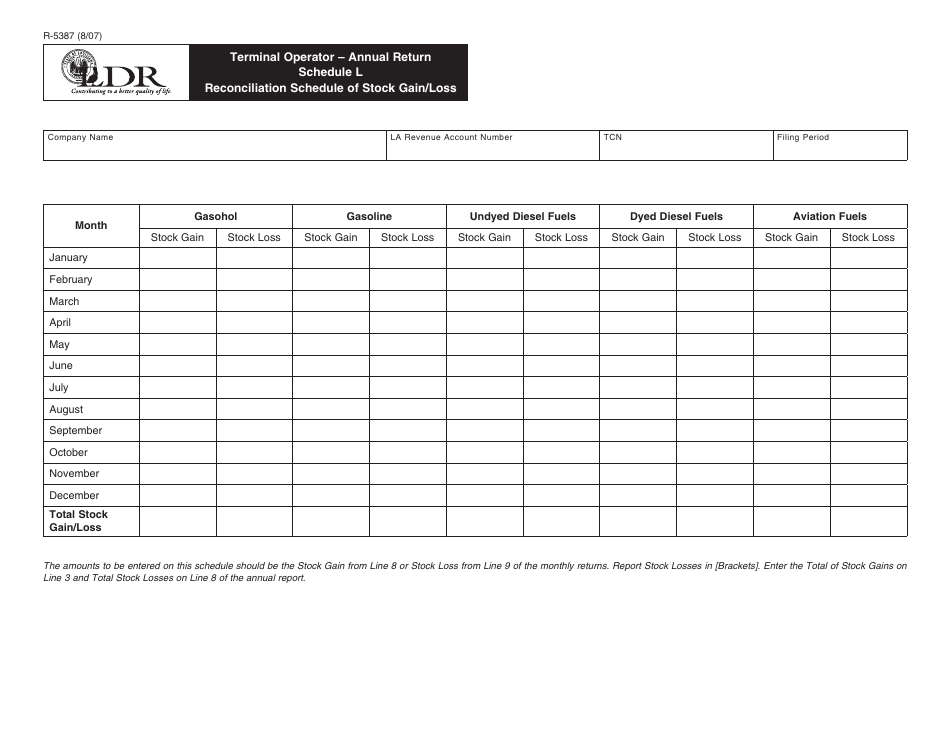 Form R-5387 Terminal Operator - Annual Return Schedule L - Reconciliation Schedule of Stock Gain / Loss - Louisiana, Page 1