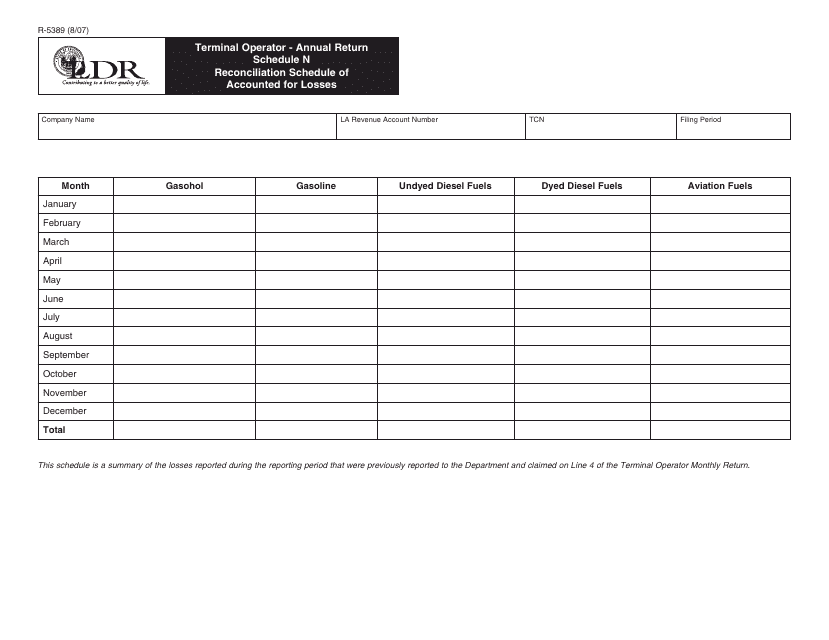 Form R-5389 Terminal Operator - Annual Return Schedule N - Reconciliation Schedule of Accounted for Losses - Louisiana