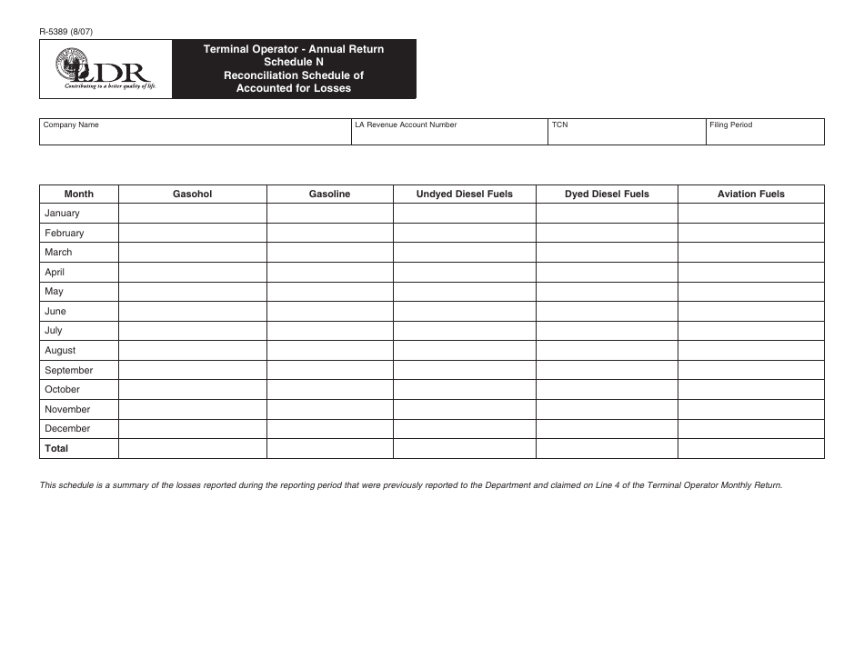 Form R-5389 Terminal Operator - Annual Return Schedule N - Reconciliation Schedule of Accounted for Losses - Louisiana, Page 1