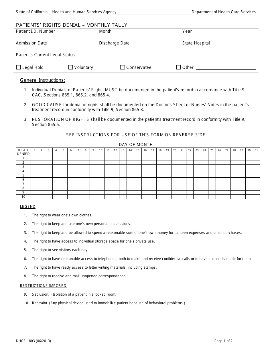 Form DHCS1803 Patients Rights Denial - Monthly Tally - California, Page 1
