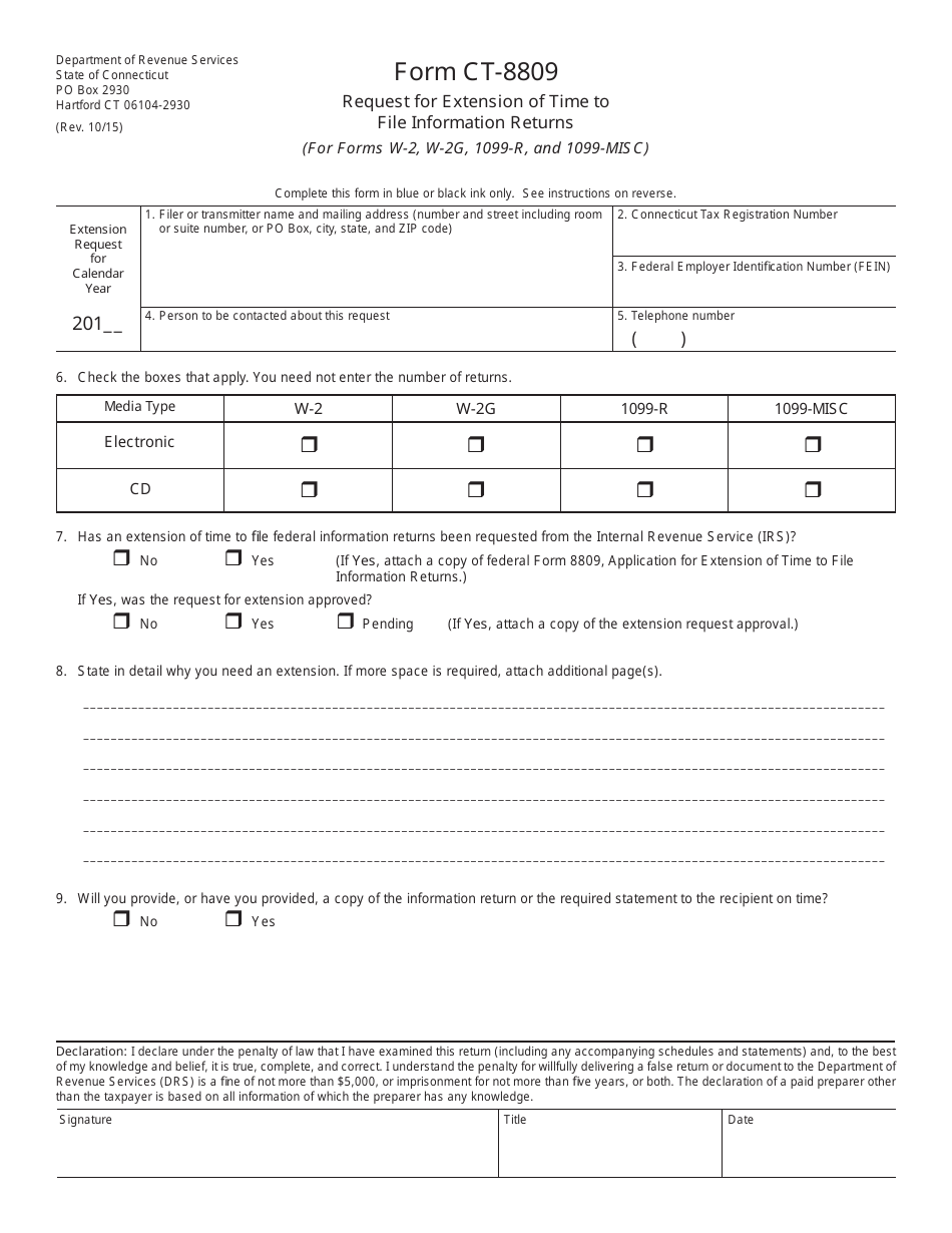 Form CT-8809 Request for Extension of Time to File Information Returns (For Forms W-2, W-2g, 1099-r, and 1099-misc) - Connecticut, Page 1