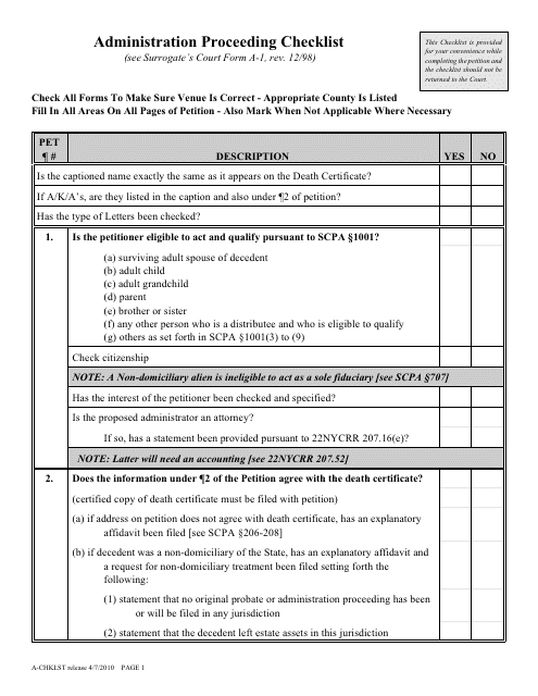 Form A-CHKLST Administration Proceeding Checklist - New York