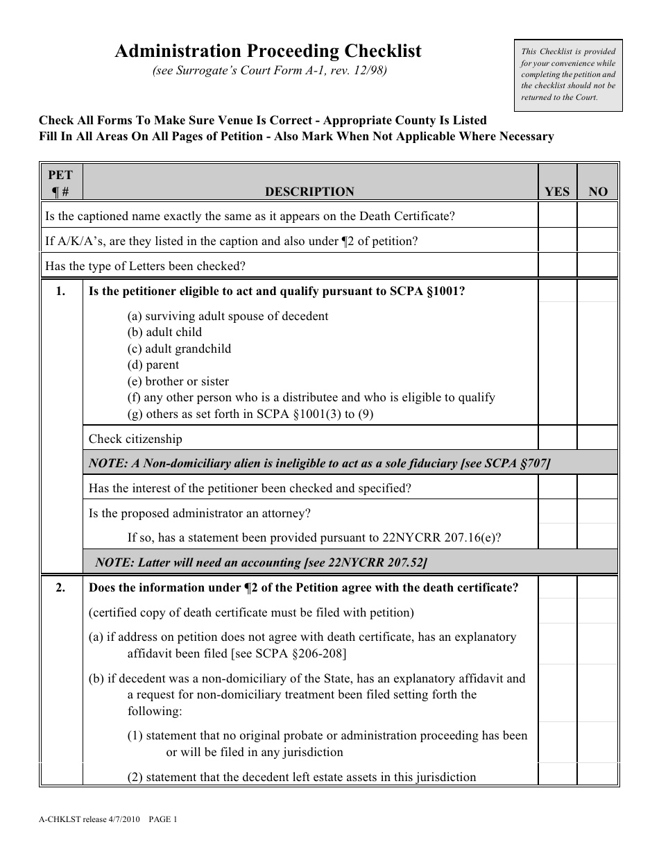 Form A-CHKLST Administration Proceeding Checklist - New York, Page 1