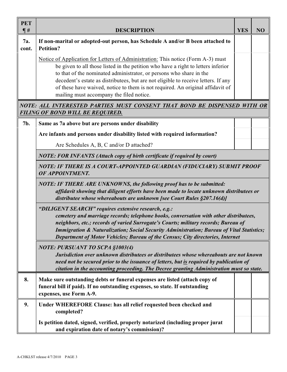Form A-CHKLST Administration Proceeding Checklist - New York, Page 3