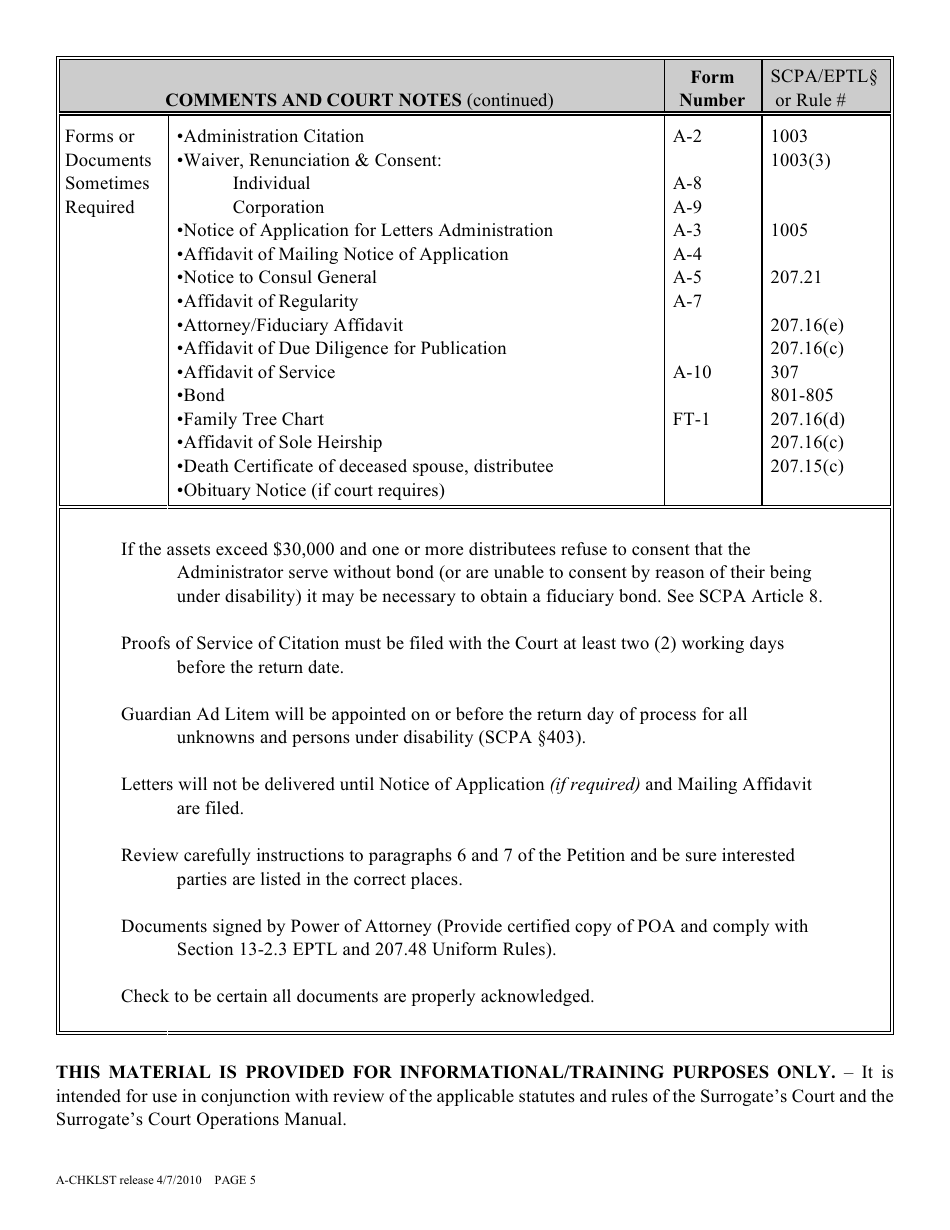 Form A-CHKLST Administration Proceeding Checklist - New York, Page 5