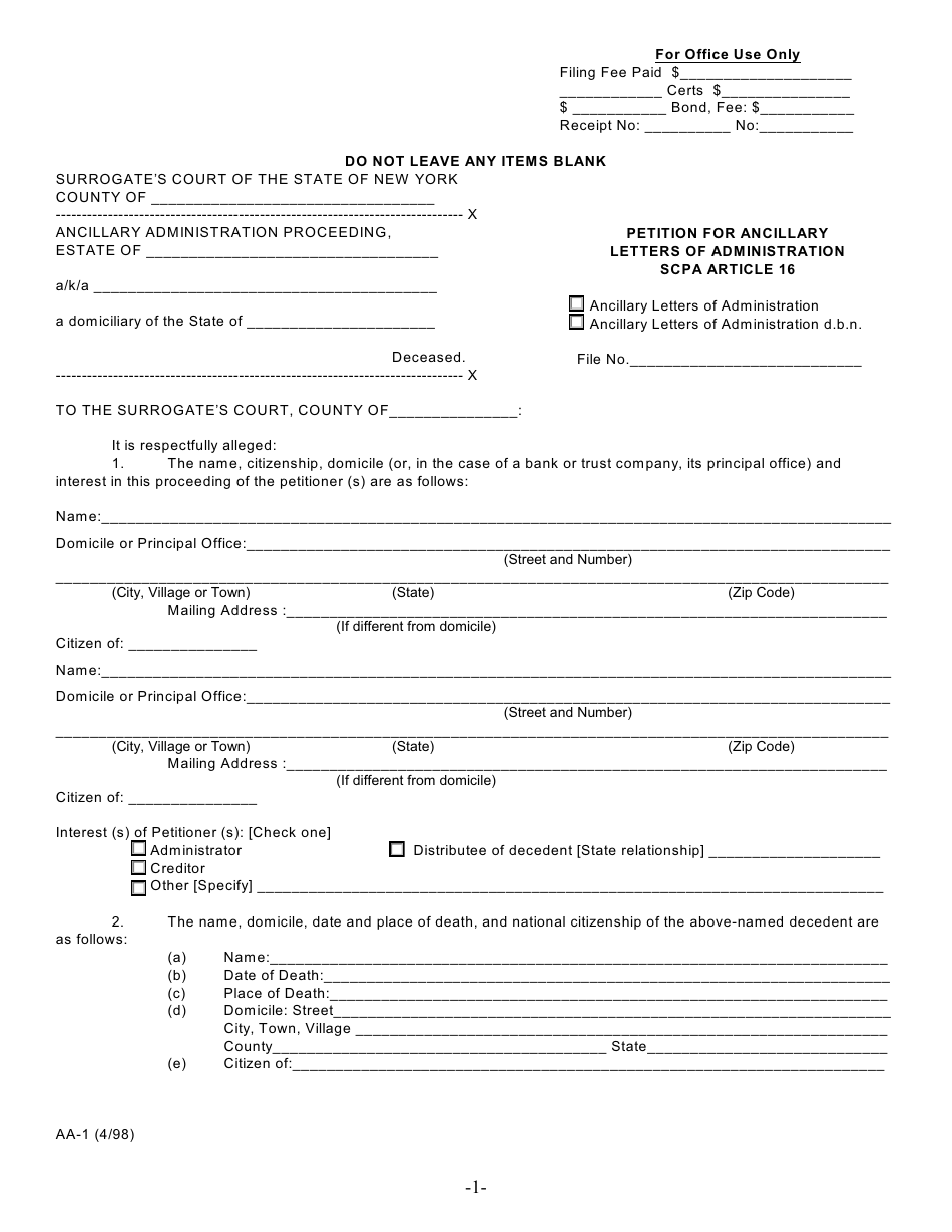 Form AA-1 Petition for Ancillary Letters of Administration Scpa Article 16 - New York, Page 1