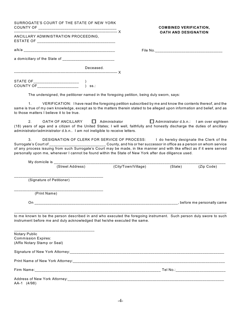 Form AA-1 - Fill Out, Sign Online and Download Fillable PDF, New York ...