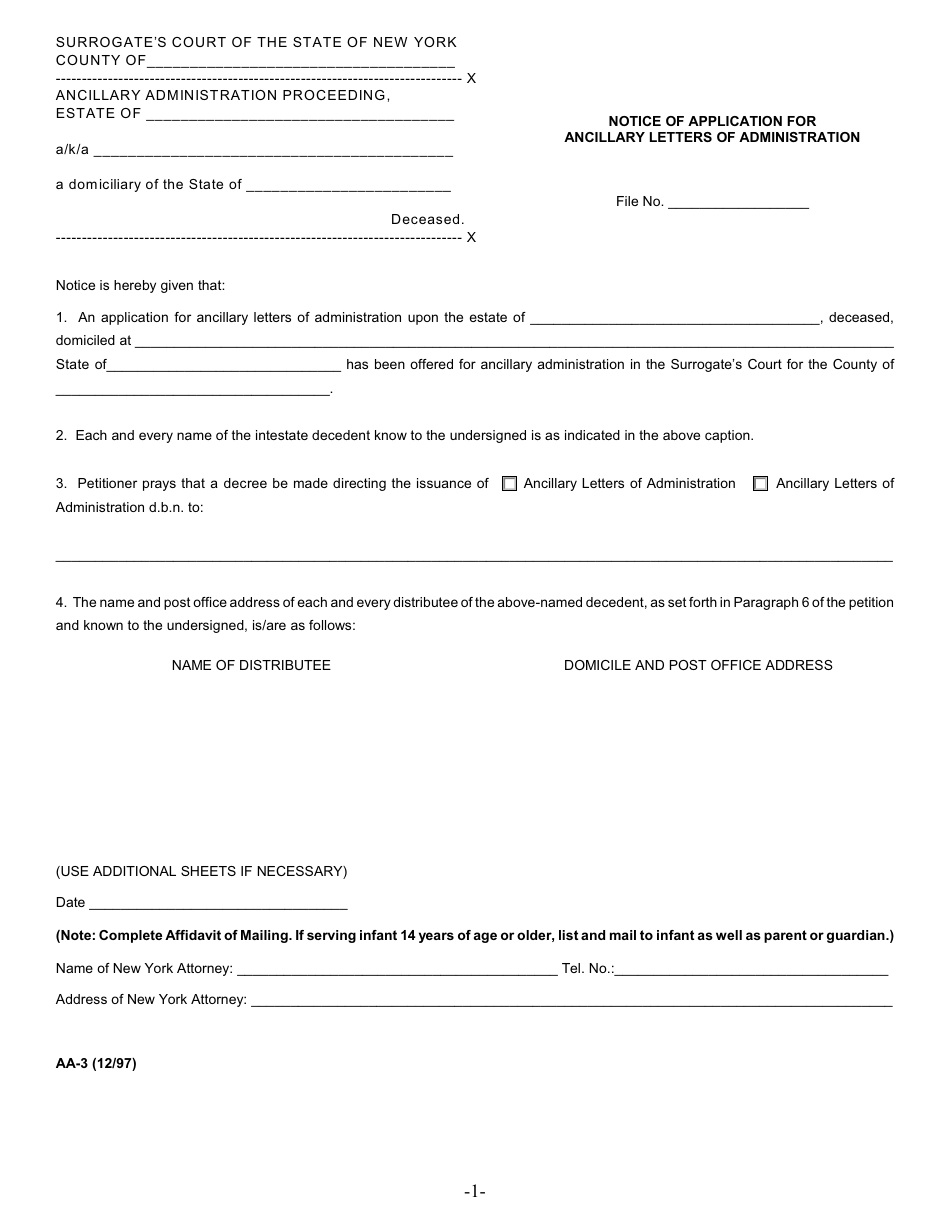 Form AA-1 Download Fillable PDF or Fill Online Petition for Ancillary ...