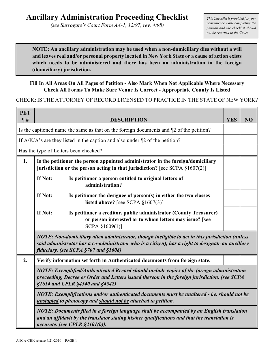 Form ANCA-CHK Ancillary Administration Proceeding Checklist - New York, Page 1