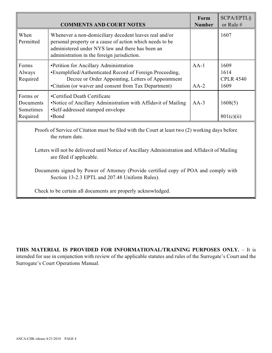 Form ANCA-CHK Ancillary Administration Proceeding Checklist - New York, Page 4