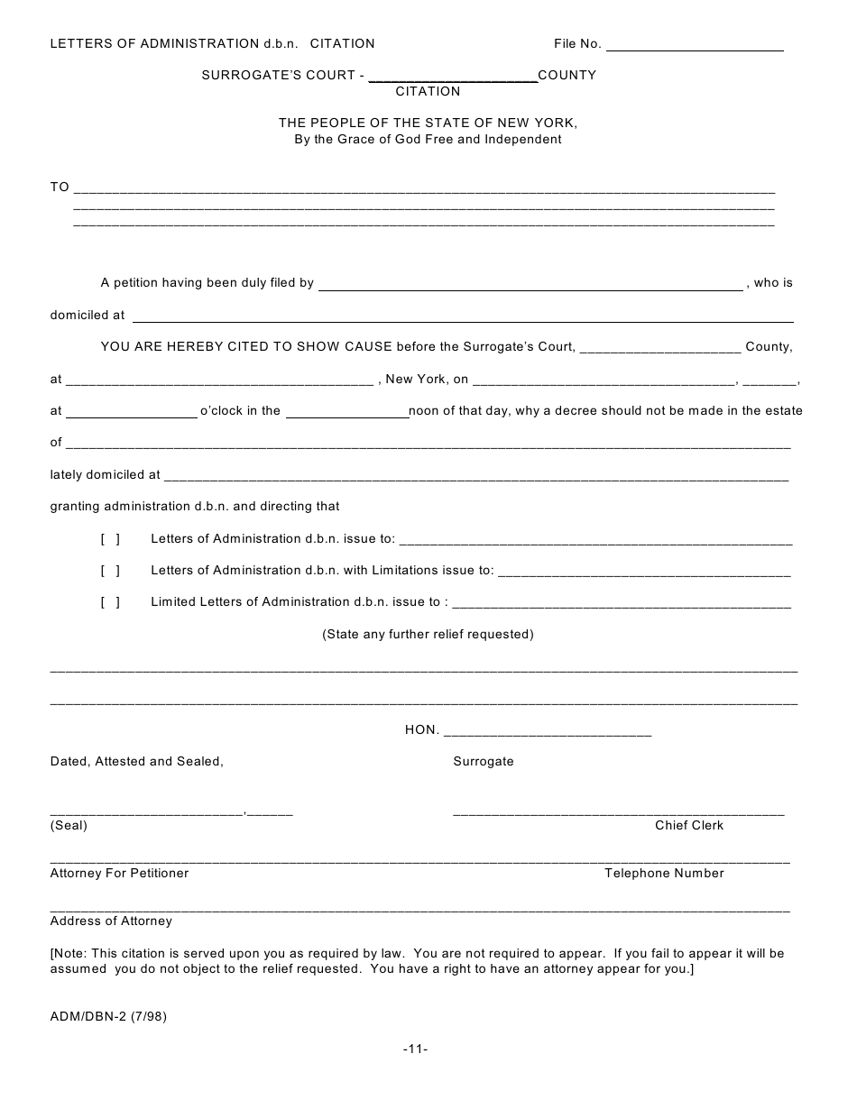 Form ADM / DBN-1 Petition for Letters of Administration D.b.n. Scpa 1007 - New York, Page 11