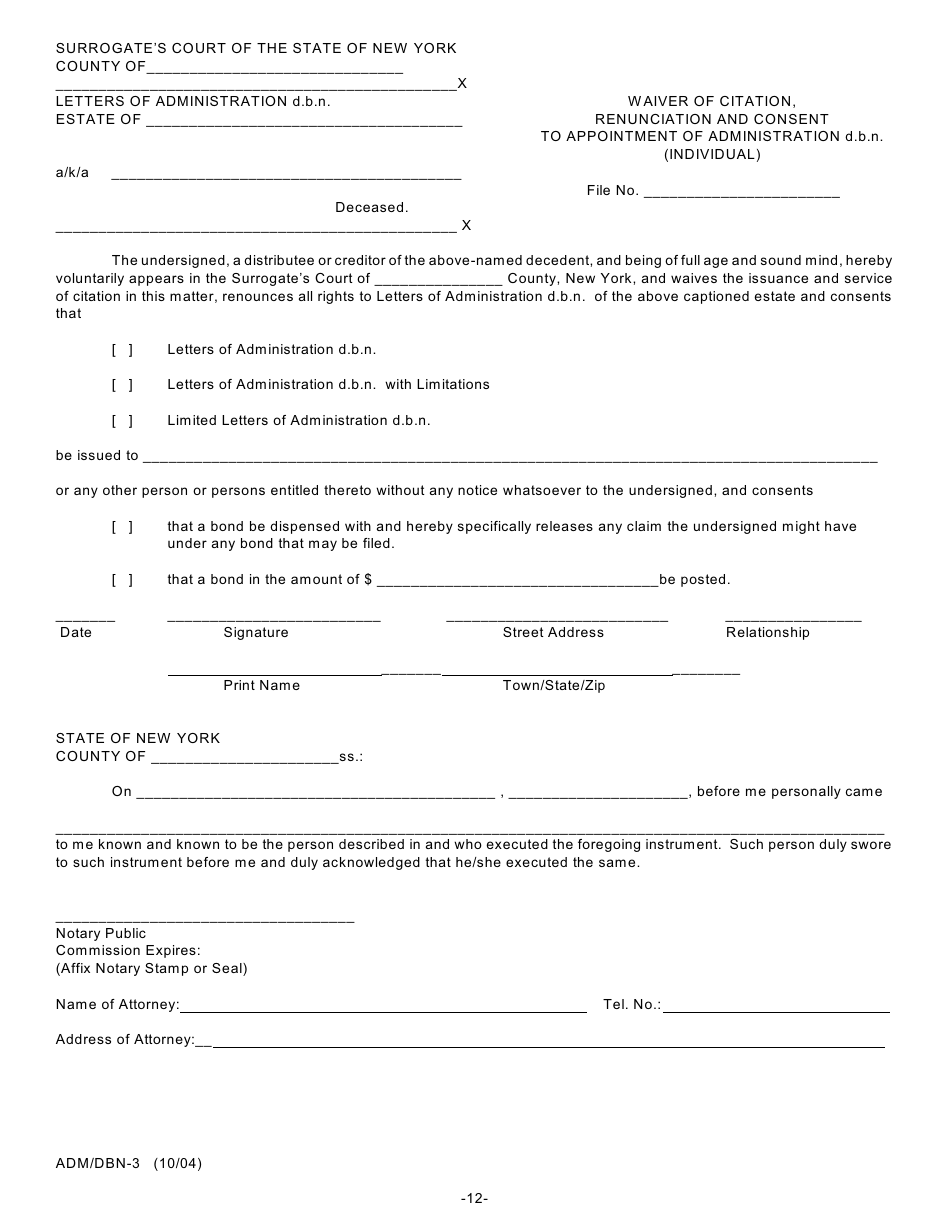 Form ADM / DBN-1 Petition for Letters of Administration D.b.n. Scpa 1007 - New York, Page 12
