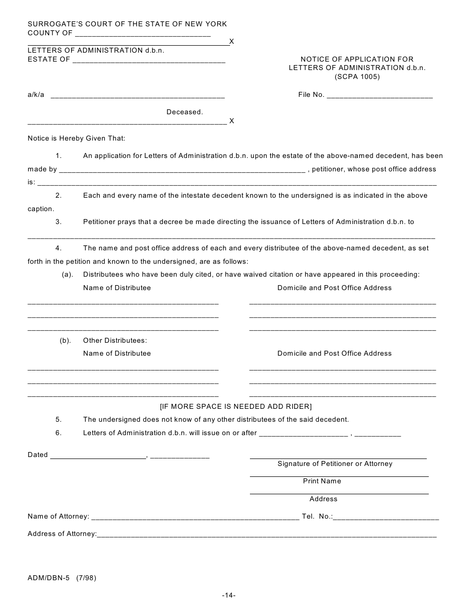 Form ADM / DBN-1 Petition for Letters of Administration D.b.n. Scpa 1007 - New York, Page 14