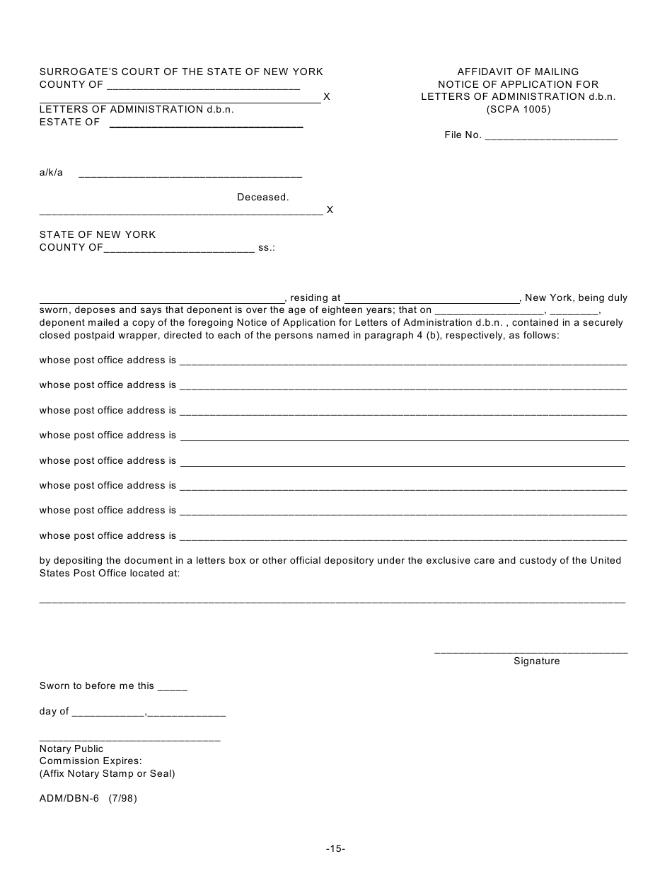 Form ADM / DBN-1 Petition for Letters of Administration D.b.n. Scpa 1007 - New York, Page 15