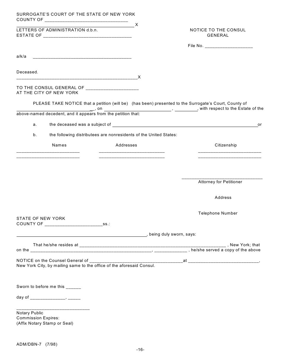 Form ADM / DBN-1 Petition for Letters of Administration D.b.n. Scpa 1007 - New York, Page 16