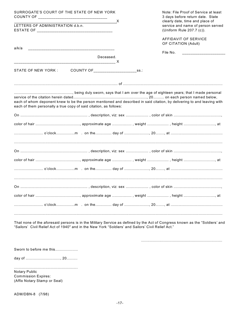 Form ADM / DBN-1 Petition for Letters of Administration D.b.n. Scpa 1007 - New York, Page 17