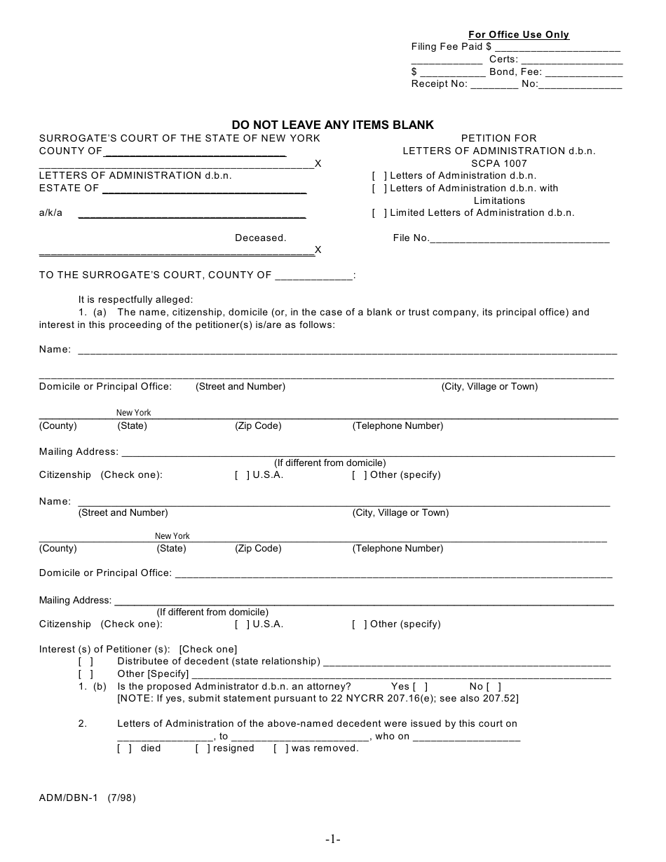 Form ADM / DBN-1 Petition for Letters of Administration D.b.n. Scpa 1007 - New York, Page 1