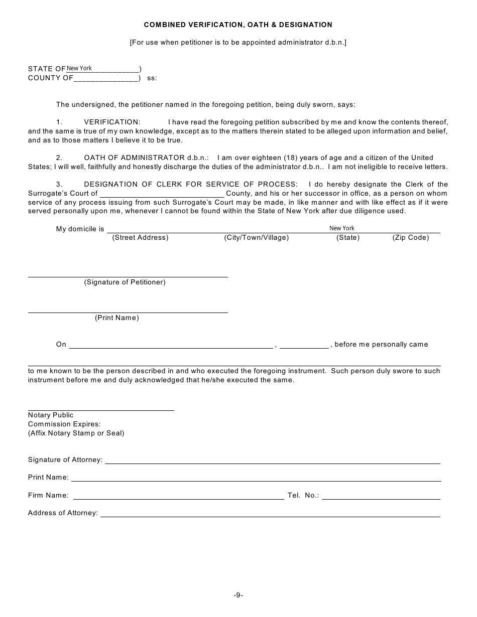 Form ADM / DBN-1 Petition for Letters of Administration D.b.n. Scpa 1007 - New York, Page 9