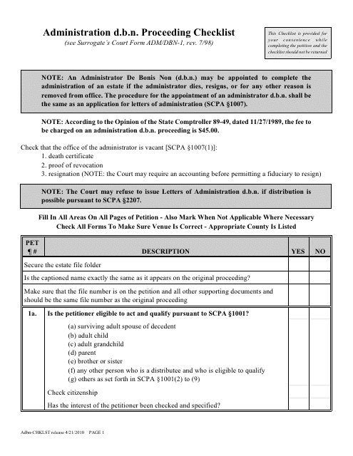 Form ADBN-CHKLST Administration D.b.n. Proceeding Checklist - New York