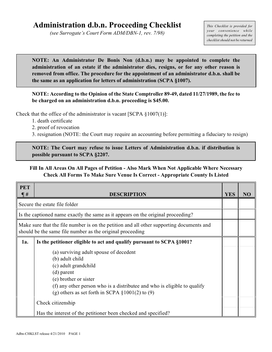 Form ADBN-CHKLST Administration D.b.n. Proceeding Checklist - New York, Page 1