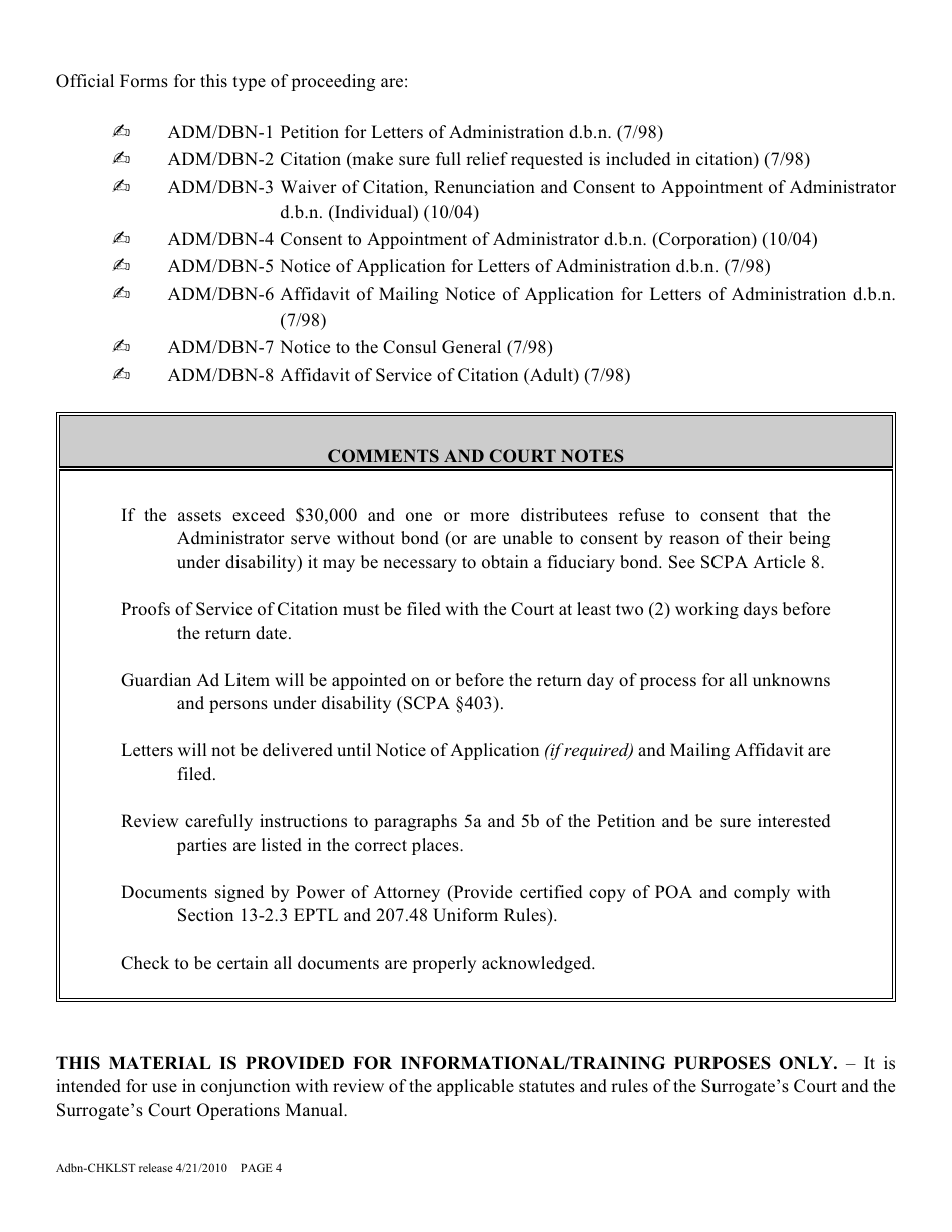 Form ADBN-CHKLST Administration D.b.n. Proceeding Checklist - New York, Page 4