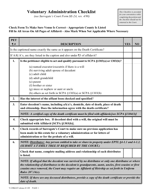 Form V-CHKLST Voluntary Administration Checklist - New York