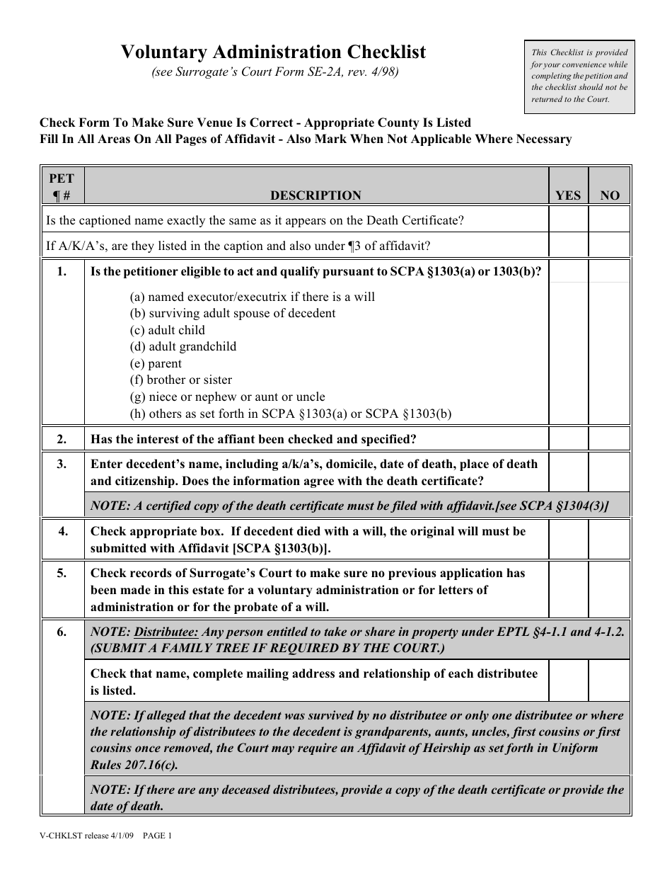 Form V-CHKLST Voluntary Administration Checklist - New York, Page 1