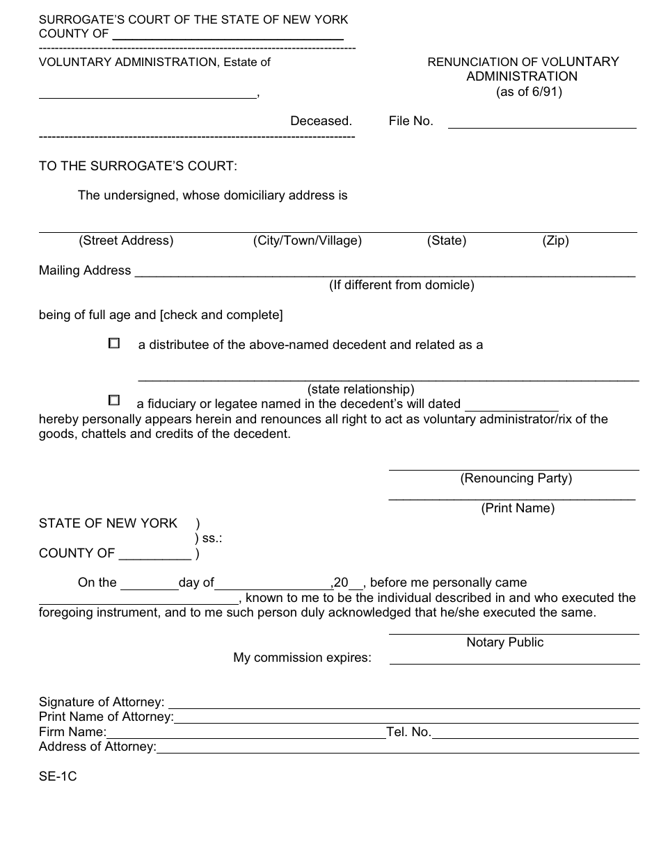 Form SE-1C Renunciation of Voluntary Administration - New York, Page 1