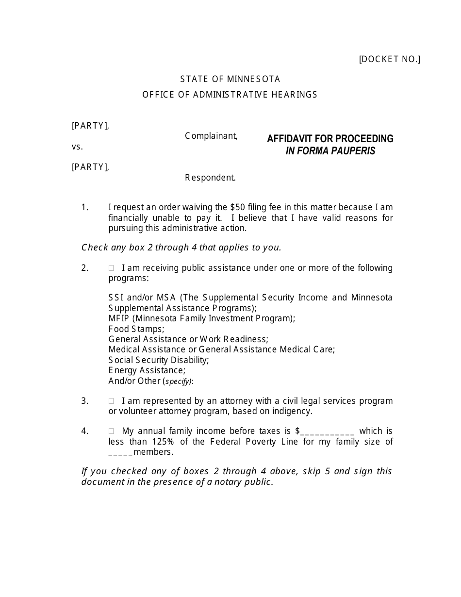 Affidavit for Proceeding in Forma Pauperis - Minnesota, Page 1