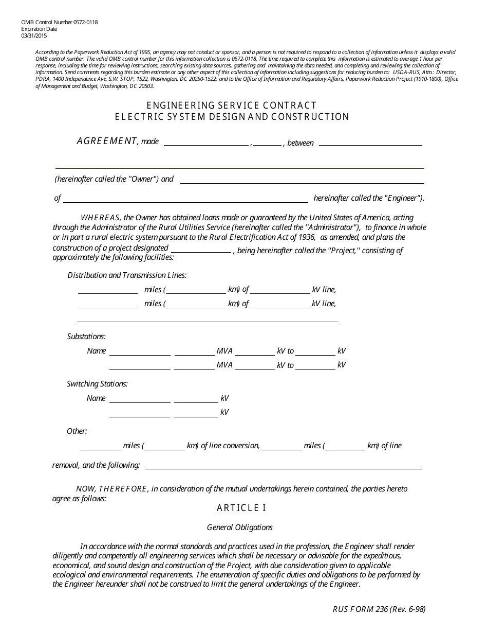 Form 236 Engineering Service Contract - Electric System Design and Construction, Page 1