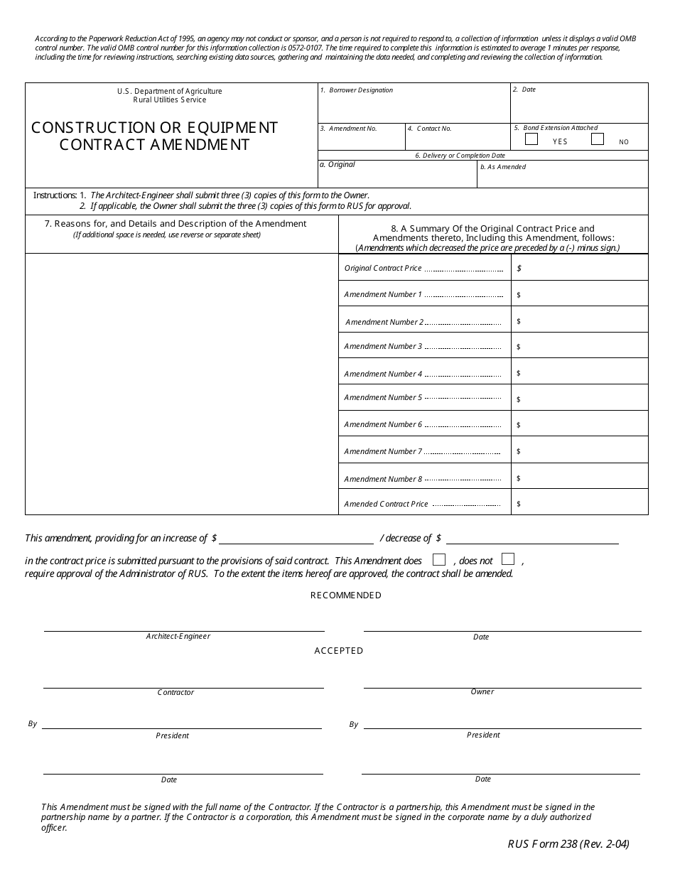 Form 238 Construction or Equipment Contract Amendment, Page 1