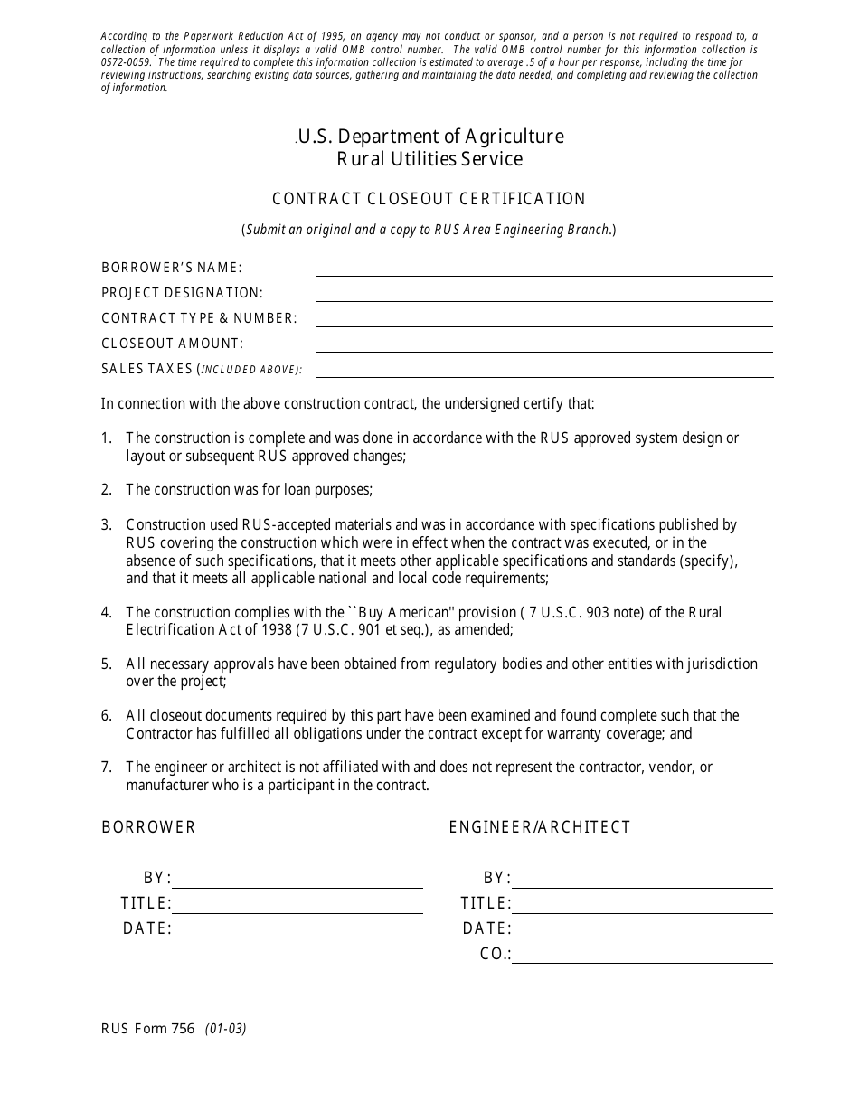 Form 756 Contract Closeout Certification, Page 1