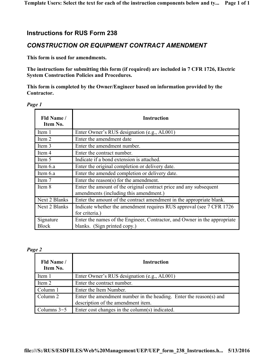 Instructions for RDUP Form 238 Construction or Equipment Contract Amendment, Page 1