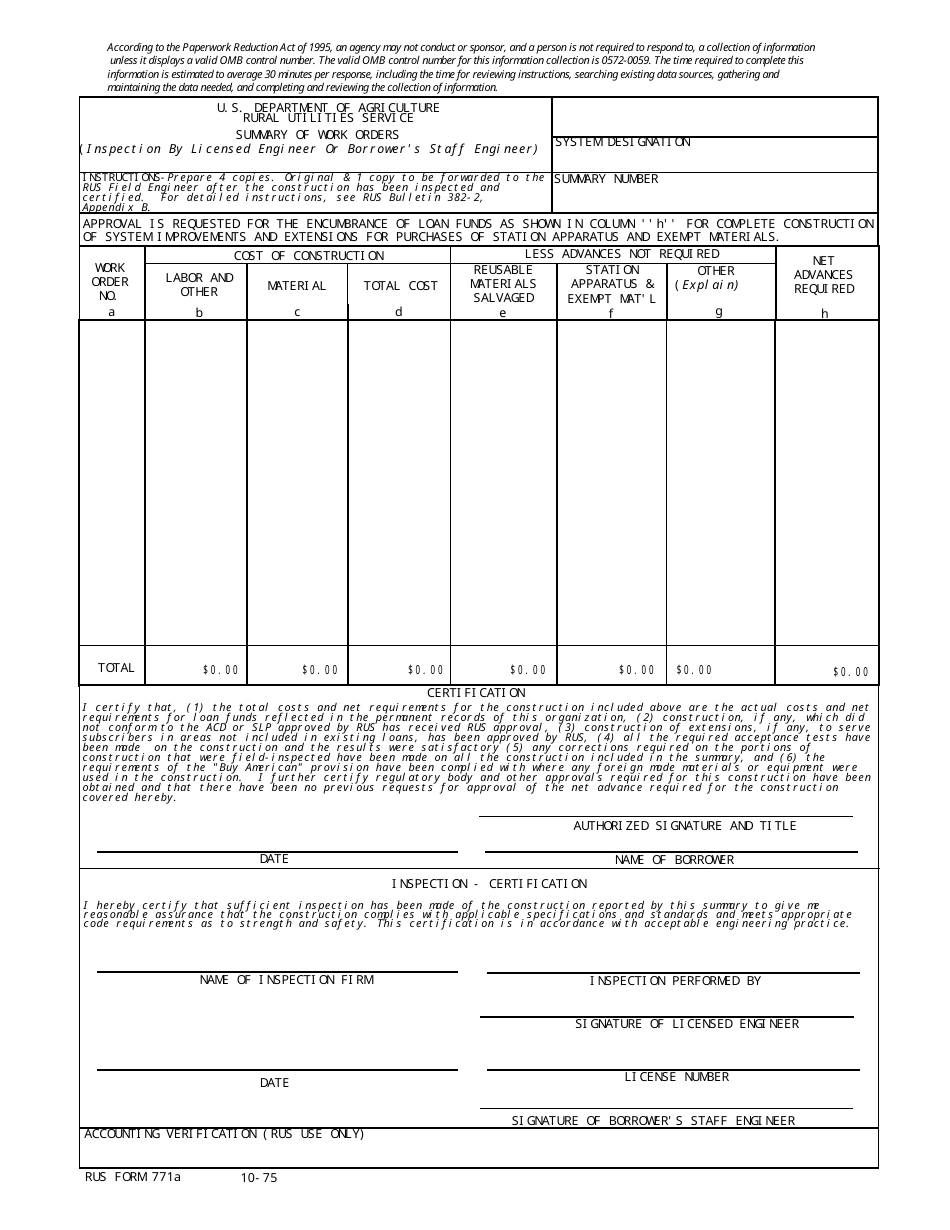 Form 771A Summary of Work Orders (Inspection by Licensed Engineer or Borrowers Staff Engineer), Page 1