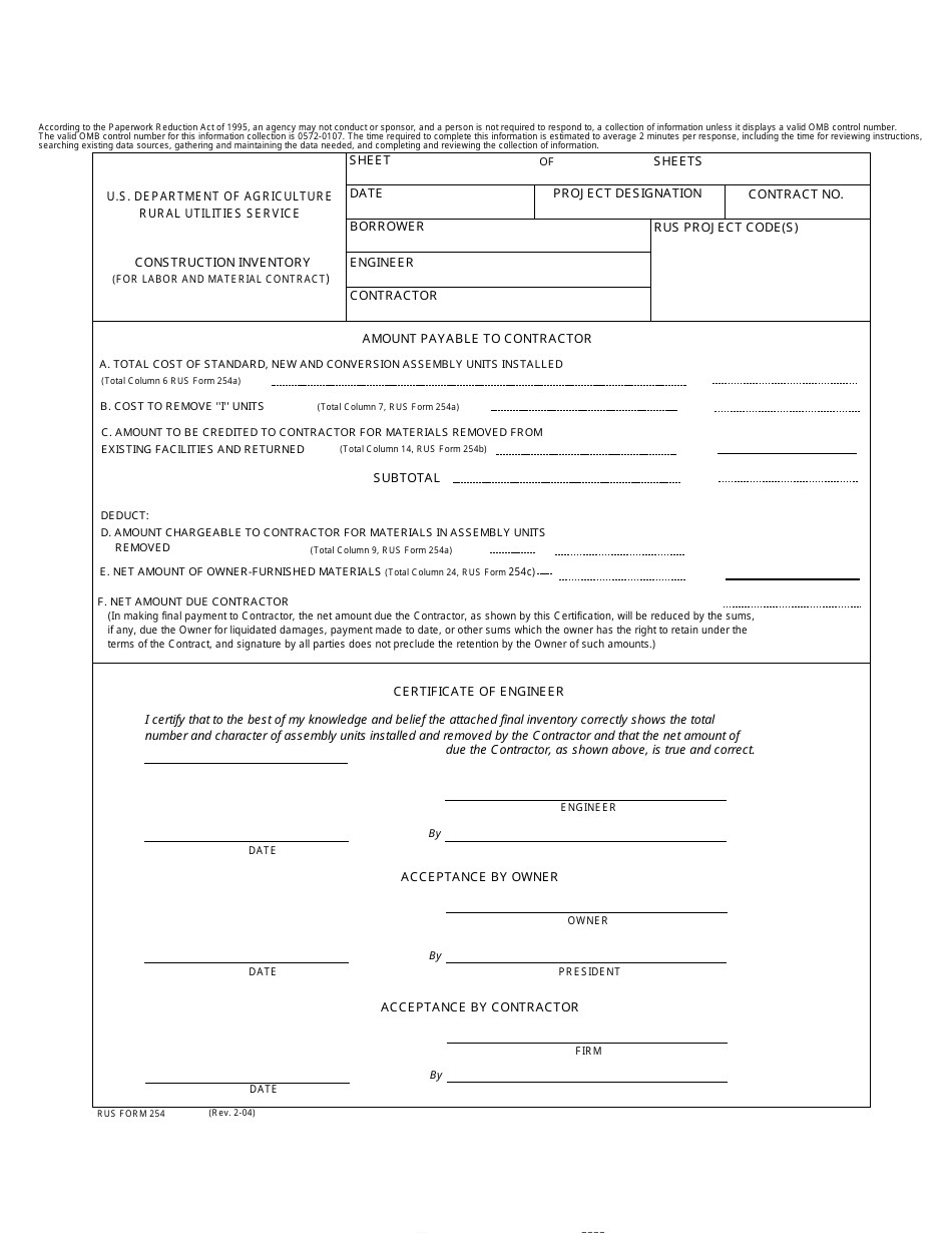 Form 254 Construction Inventory (For Labor and Material Contract), Page 1