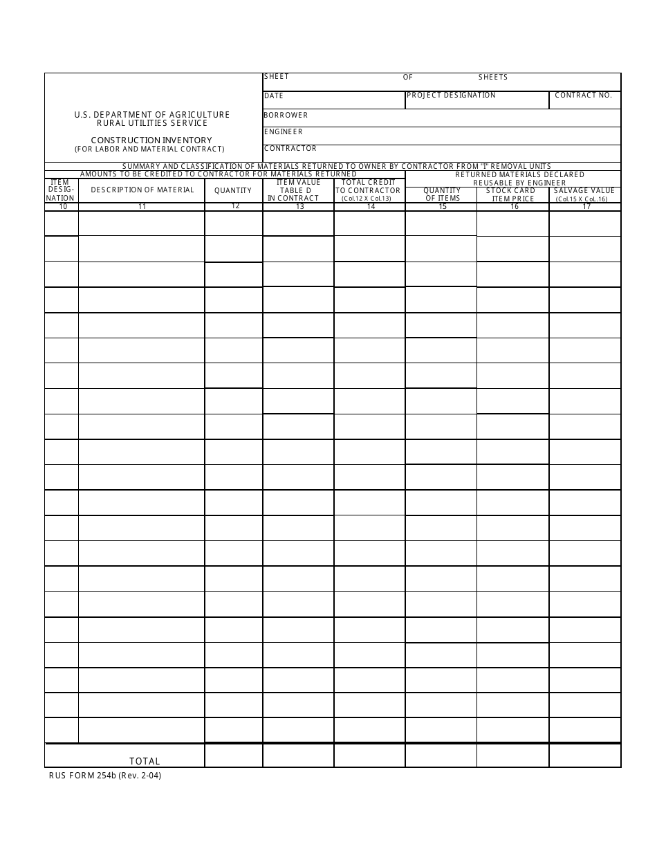 Form 254 Construction Inventory (For Labor and Material Contract), Page 4