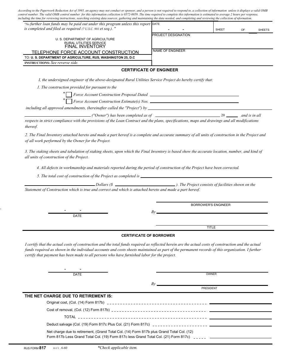Form 817 Final Inventory - Telephone Force Account Construction, Page 1