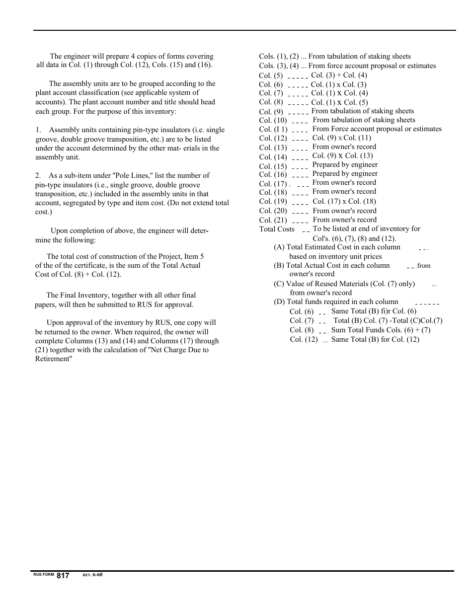 Form 817 Final Inventory - Telephone Force Account Construction, Page 2