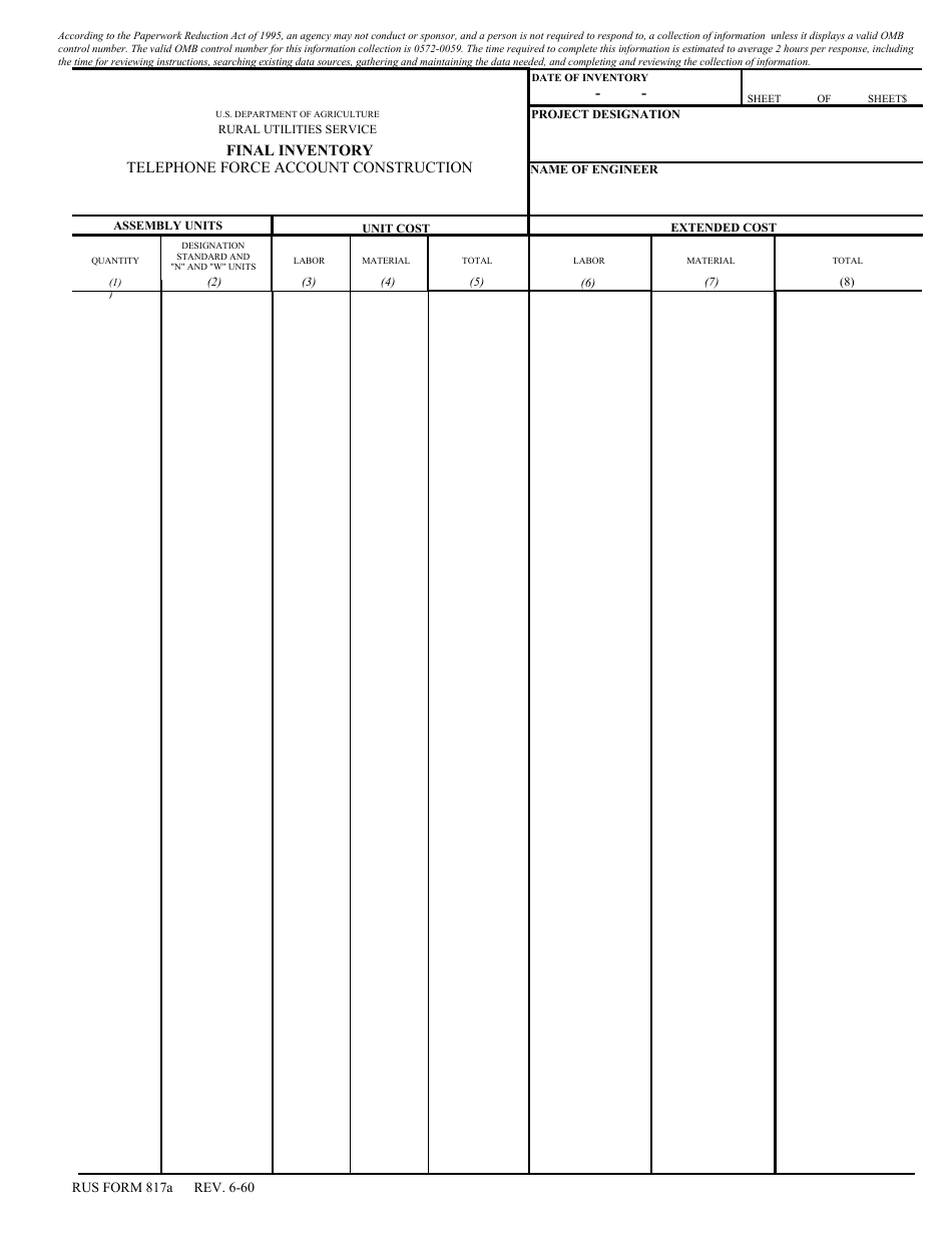 Form 817A Final Inventory - Telephone Force Account Construction, Page 1