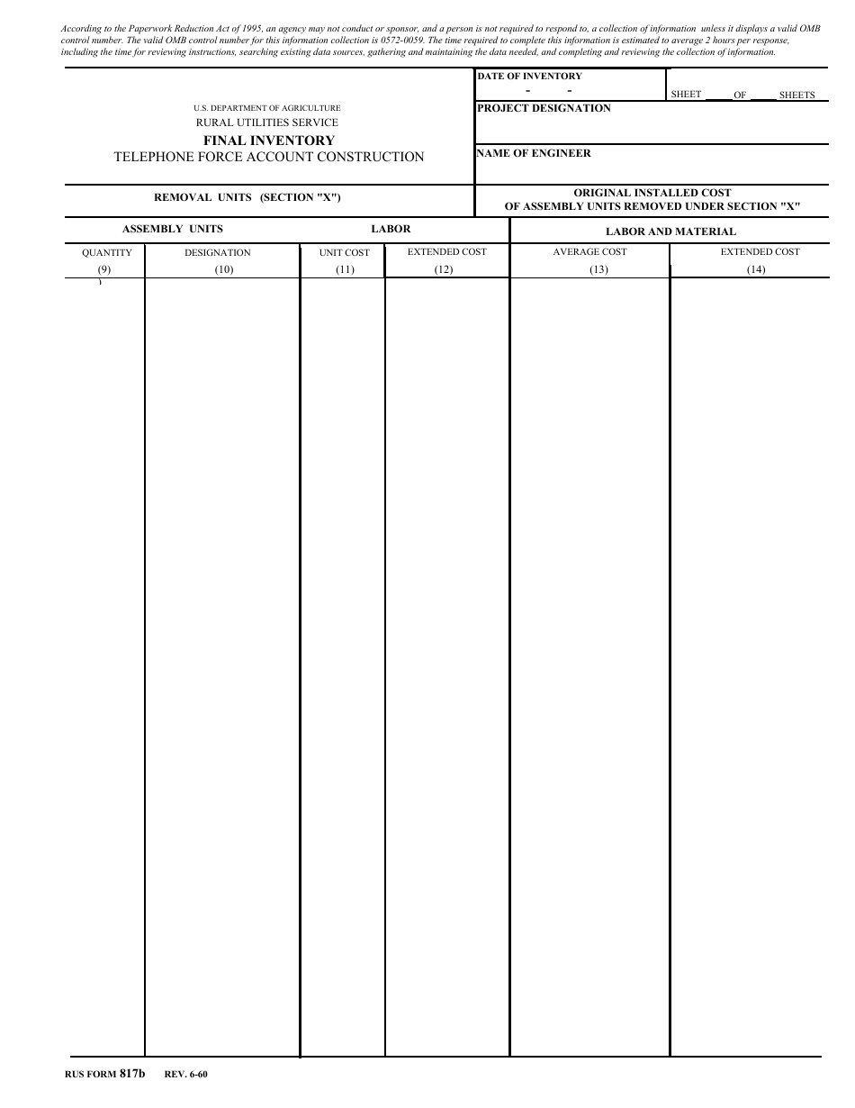 Form 817B Final Inventory - Telephone Force Account Construction, Page 1