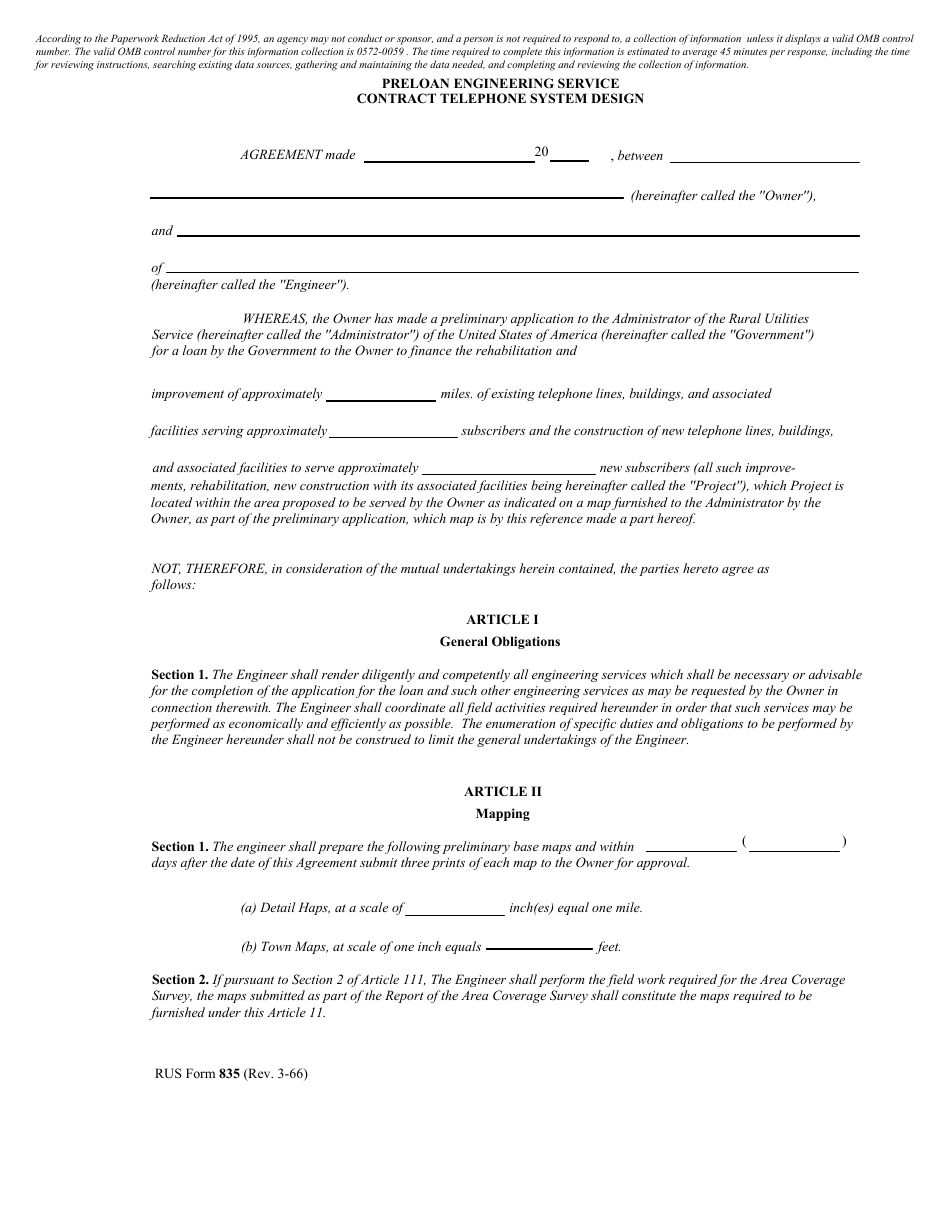 Form 835 Preloan Engineering Service Contract Telephone System Design, Page 1