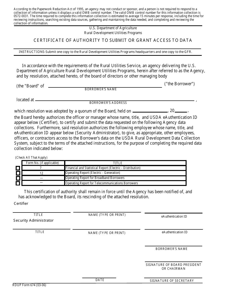 RDUP Form 674 Certificate of Authority to Submit or Grant Access to Data, Page 1