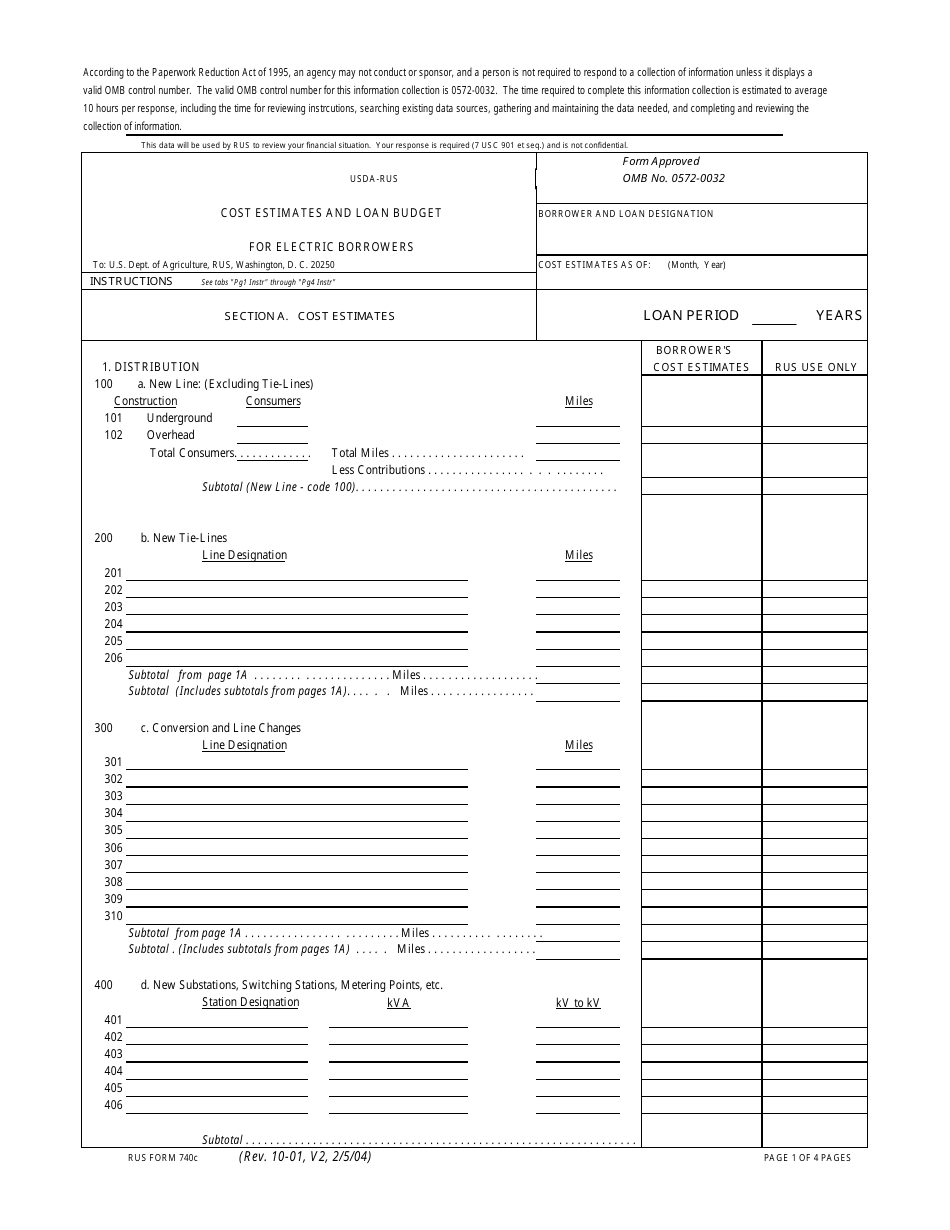 Form 740C Cost Estimates and Loan Budget for Electric Borrowers, Page 1