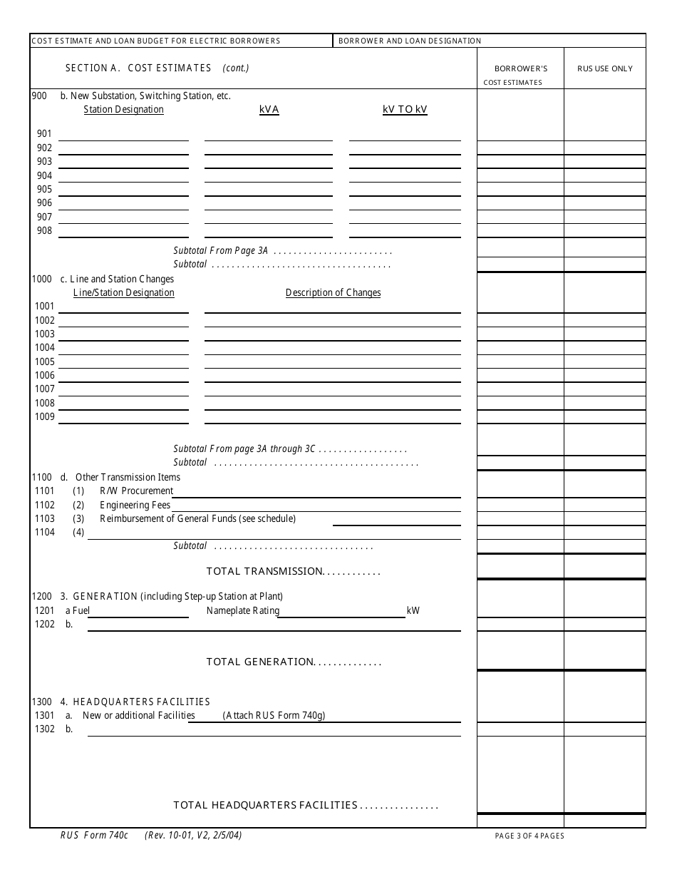 Form 740C Cost Estimates and Loan Budget for Electric Borrowers, Page 5