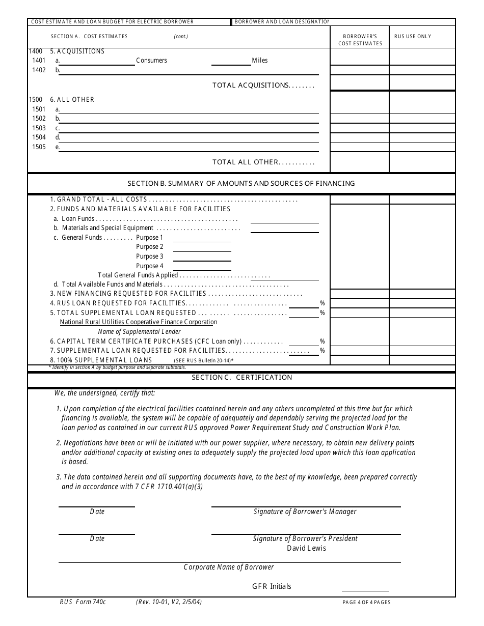 Form 740C Cost Estimates and Loan Budget for Electric Borrowers, Page 9