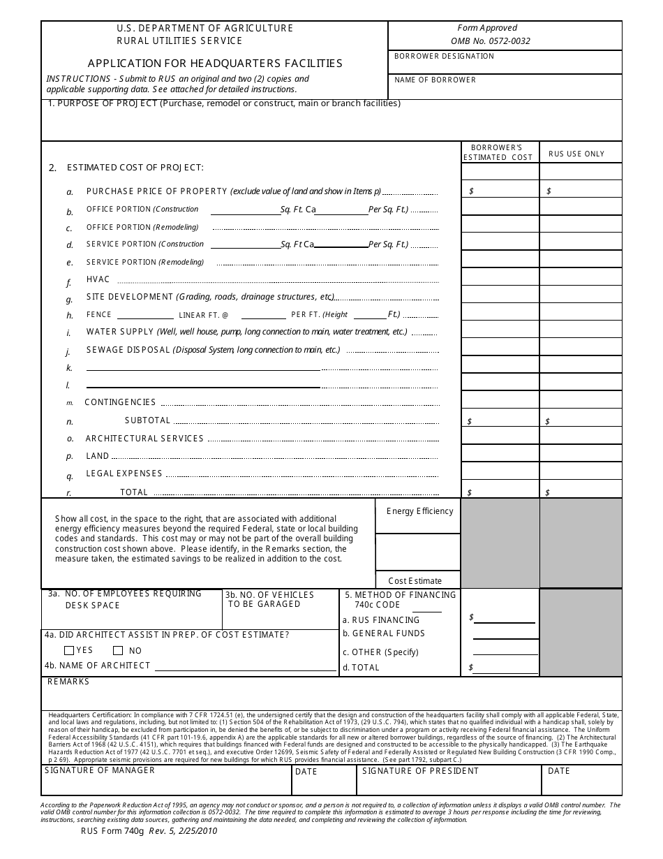 RUS Form 740G Application for Headquarters Facilities, Page 1